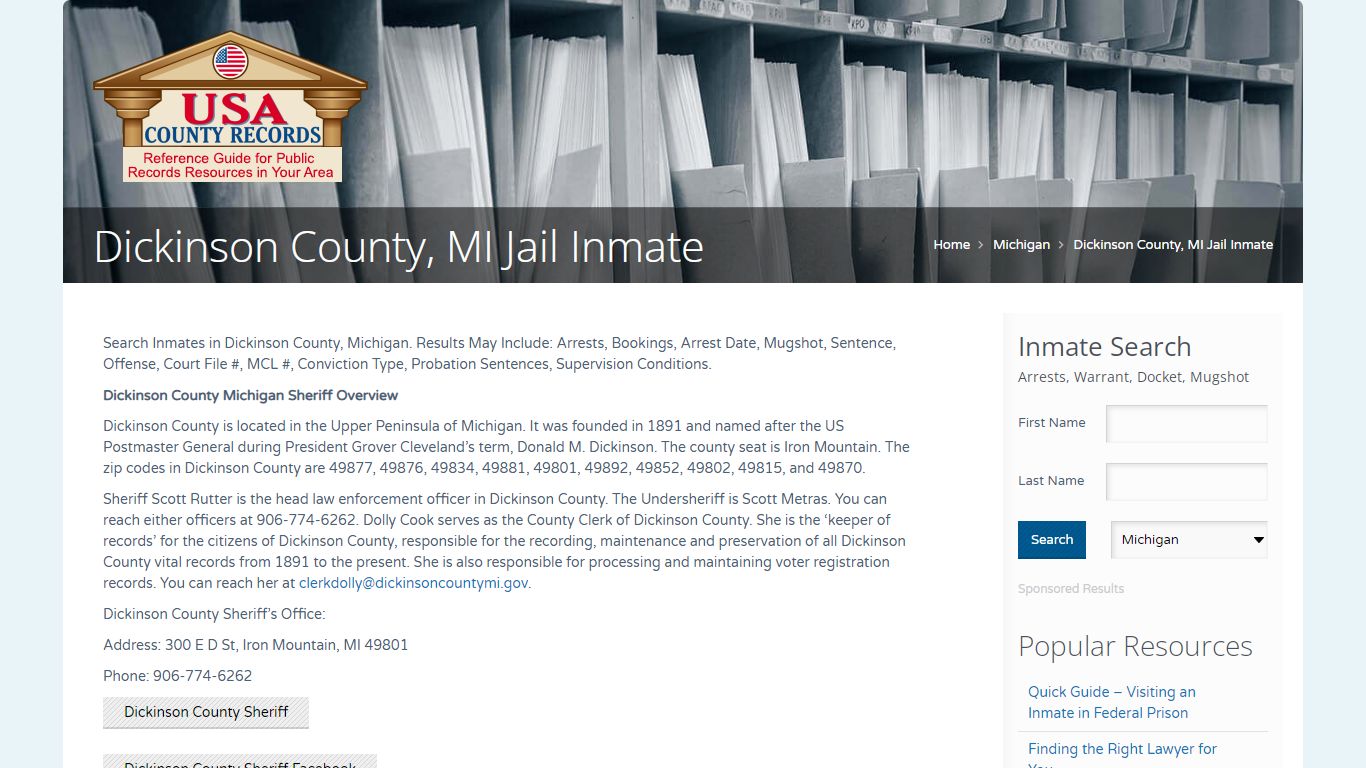 Dickinson County, MI Jail Inmate | Name Search